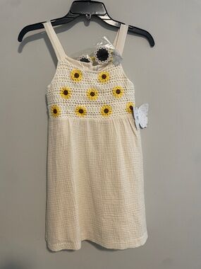btween Cream Crochet Sunflower Dress with Yellow Accents